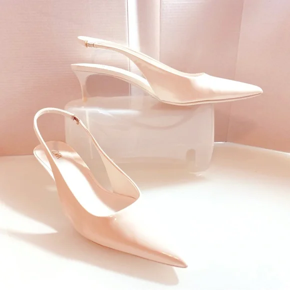 Zara White Slingback low Heels Pointed Toe Faux Patent leather EU40 US9M - Picture 2 of 11